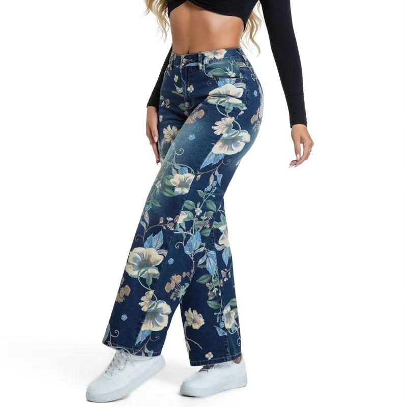 Benuynffy Pantaloni a gamba larga in denim blu stampato 2025 Autunno Nuovo retrò a vita alta Moda allentata Jeans dritti Pantaloni streetwear