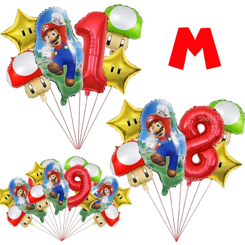 Juego de globos con números de Super Marioed, traje de globo de cumpleaños, decoración de fiesta, juego de estrellas, globo de seta, accesorios de adorno, regalos