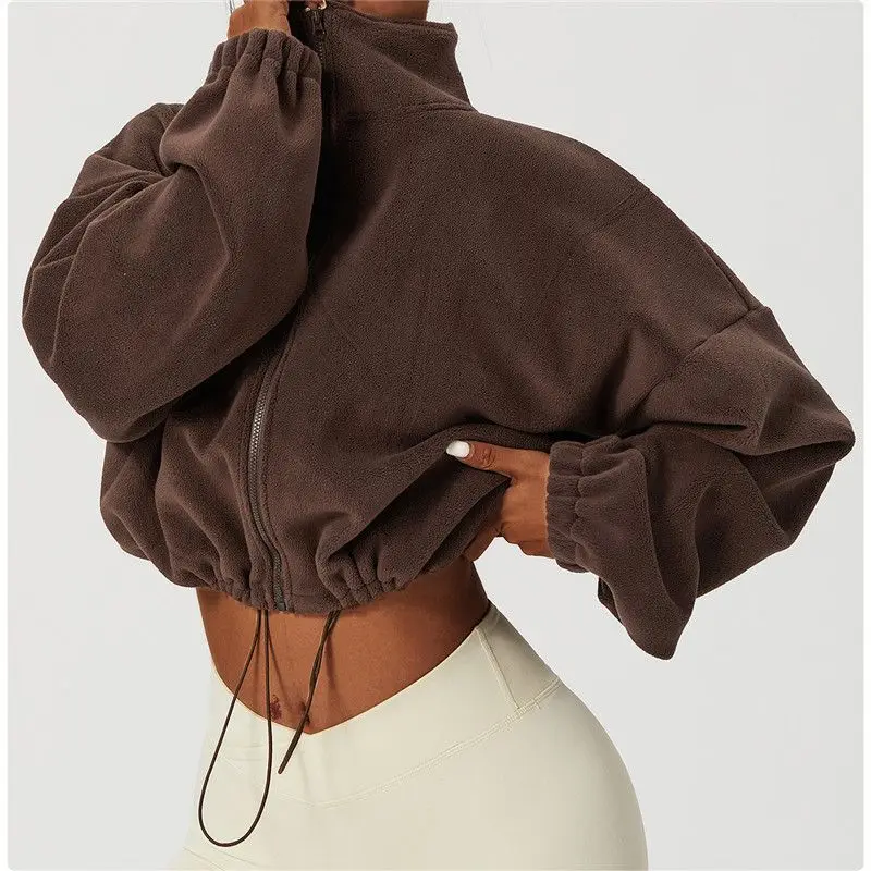 2026 Women Loose Cropped Jacket Loose Zipper Sweatshirt Long Sleeve Coat Cardigan Sportswear Streetwear Drawstring Tops Clothing
