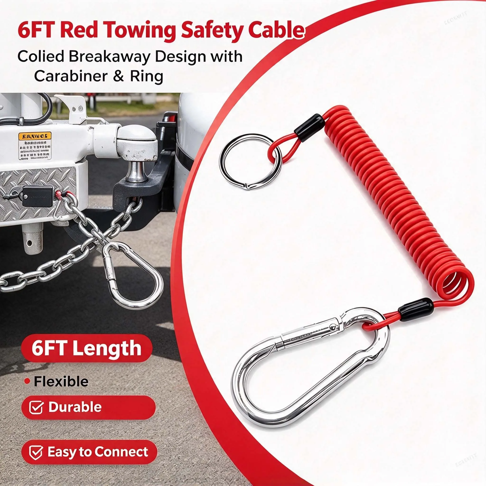 Breakaway Trailer Cable 6FT Coiled Design Heavy Duty Easy Install High Quality Red Towing Safety for Towing Vehicles Parts