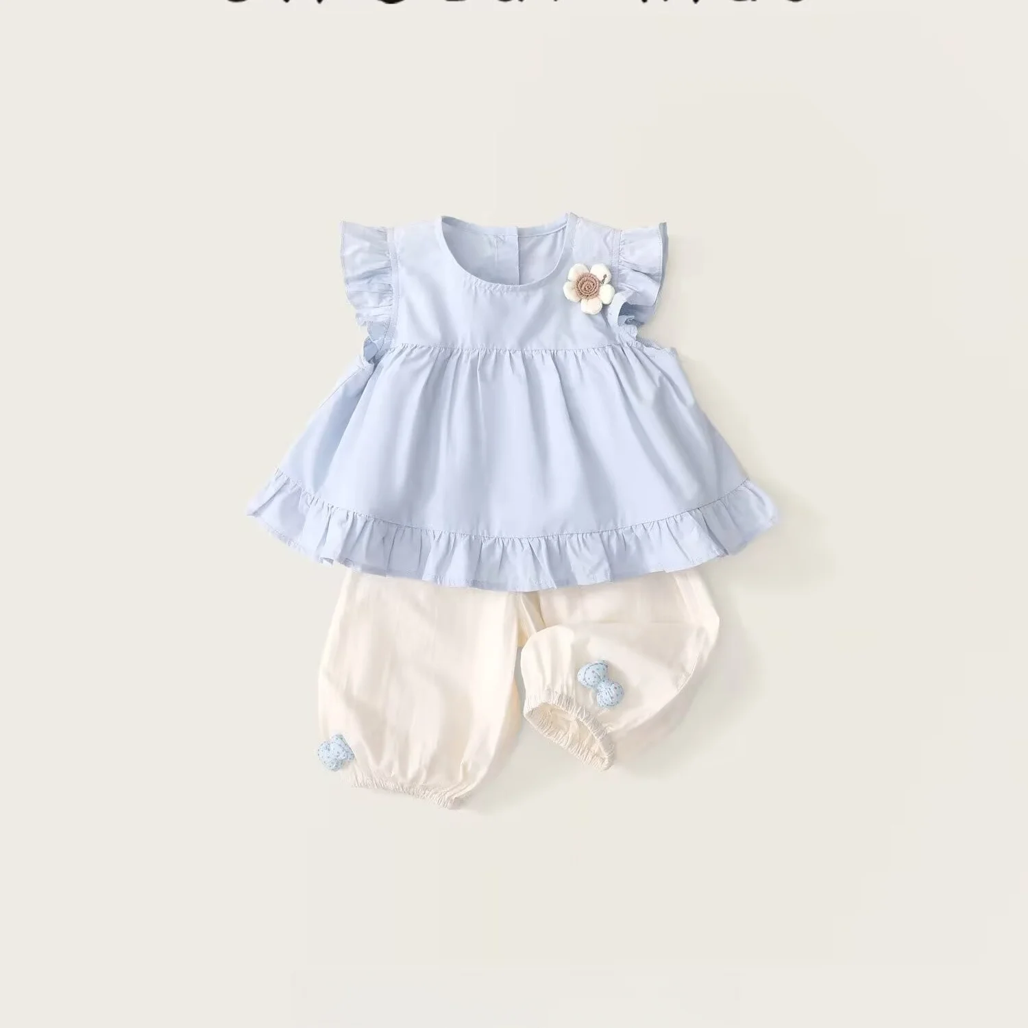 Cute Baby Girl 2Pcs Clothing Light Blue Ruffle Sleeveless Blouse Cream Bow Decor Elastic Waist Pants Summer Daily Outfit