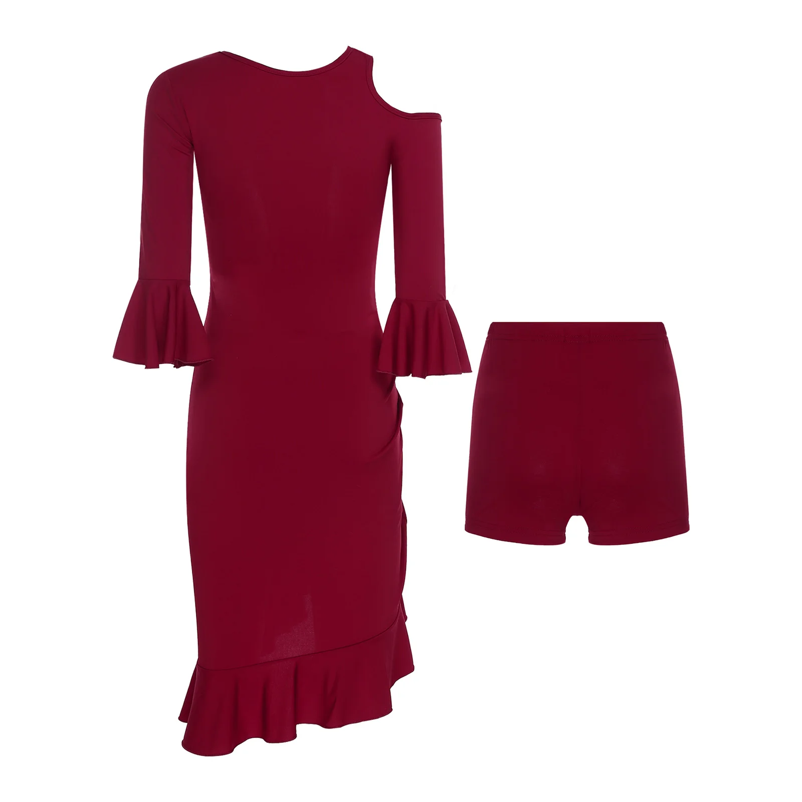 Women Elegant Latin Dance Dress with Safety Shorts Half Sleeve Ruffled Trim with Side Drawstring Dress Belly Latin Dancewear
