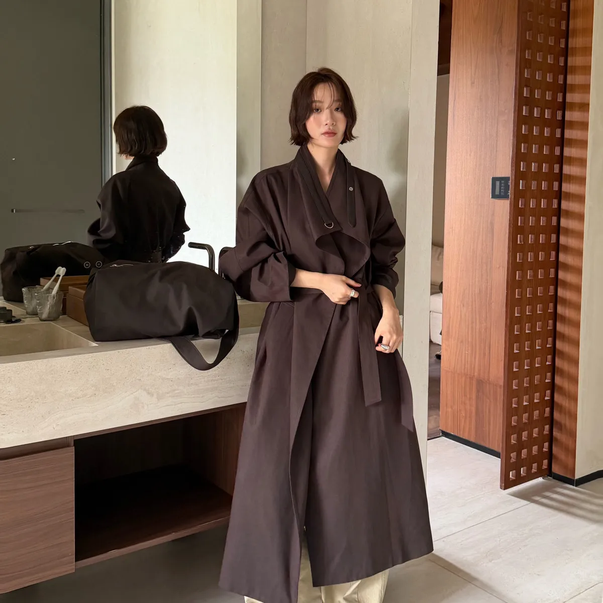 SuperAen Autumn Simple Long Korean Style Casual Trench Coat with Belt Long Coat for Women