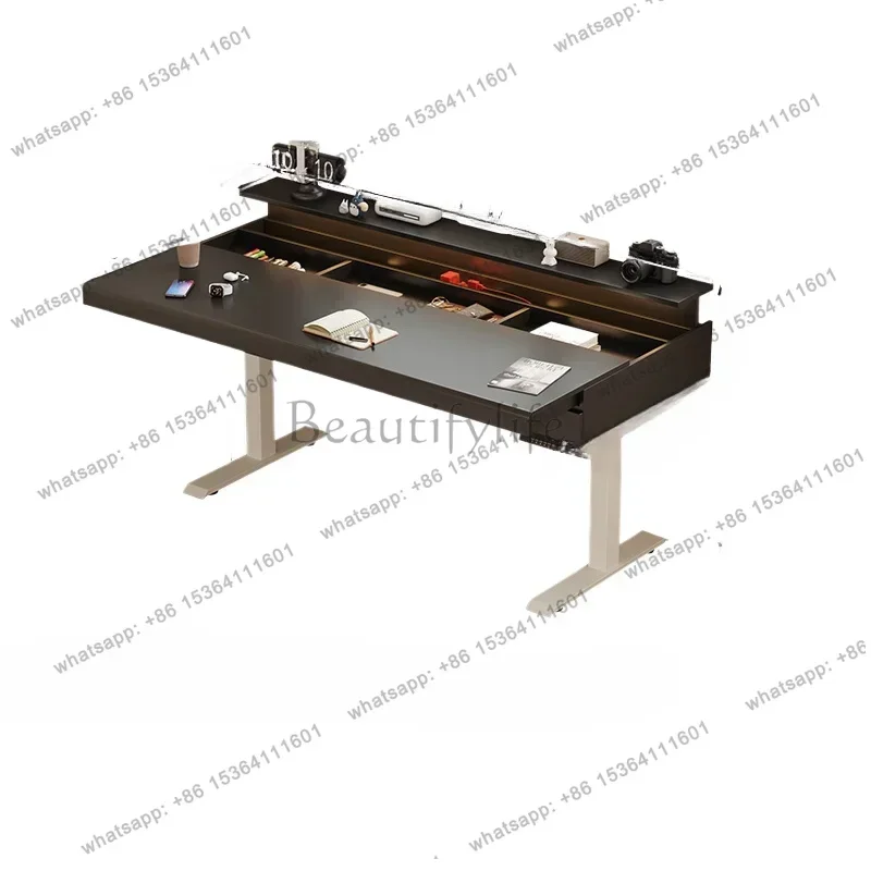 ~French retro solid wood electric lifting table rock slab study desk computer e-sports desk bookcase integrated