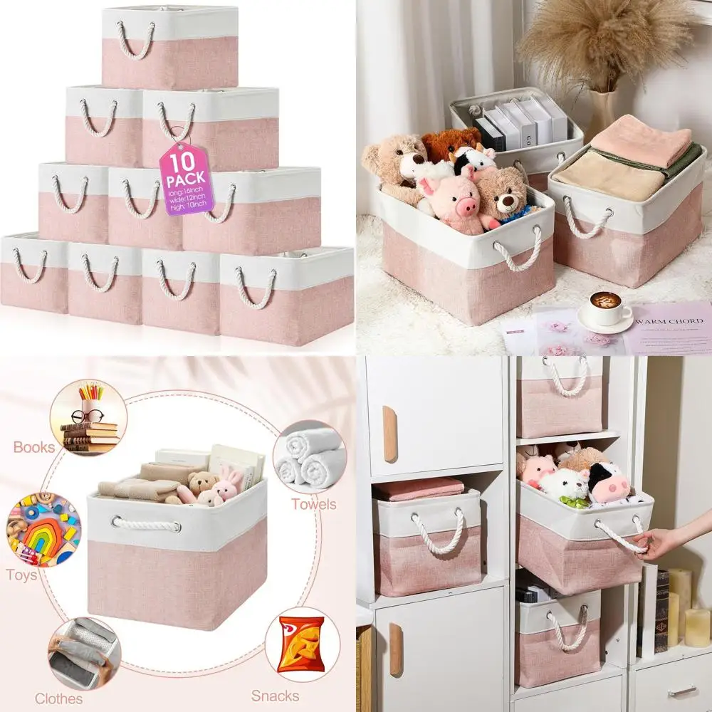 

Pink & White Large Collapsible Fabric Storage Baskets with Handles for Organizing Shelves, Toys, Clothes (16x12x10 Inches)