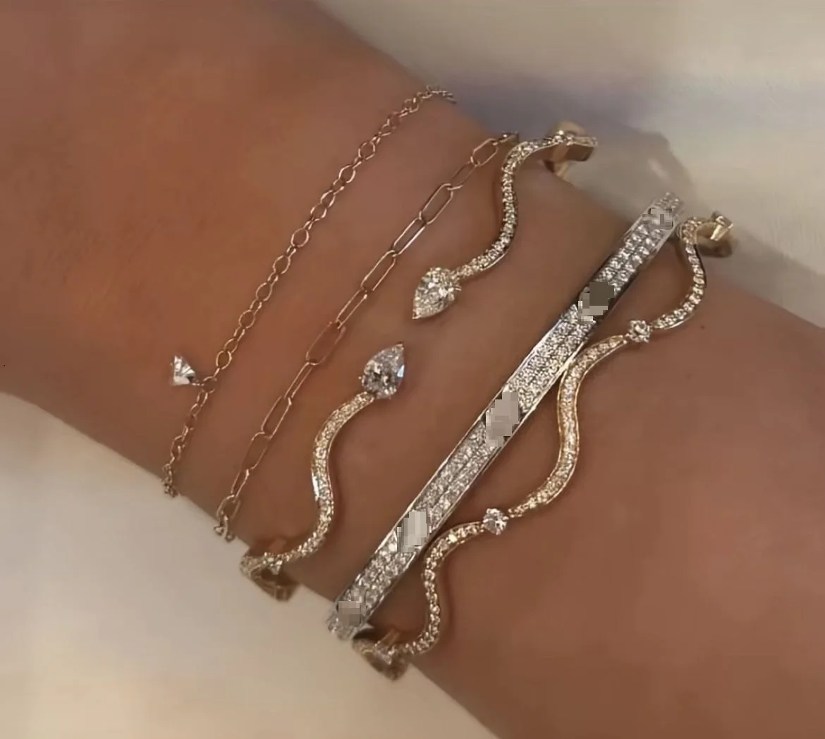 Open Adjusted Micro Paved Sparking 5A CZ Paved Wave Band Fashion Bangle For Women