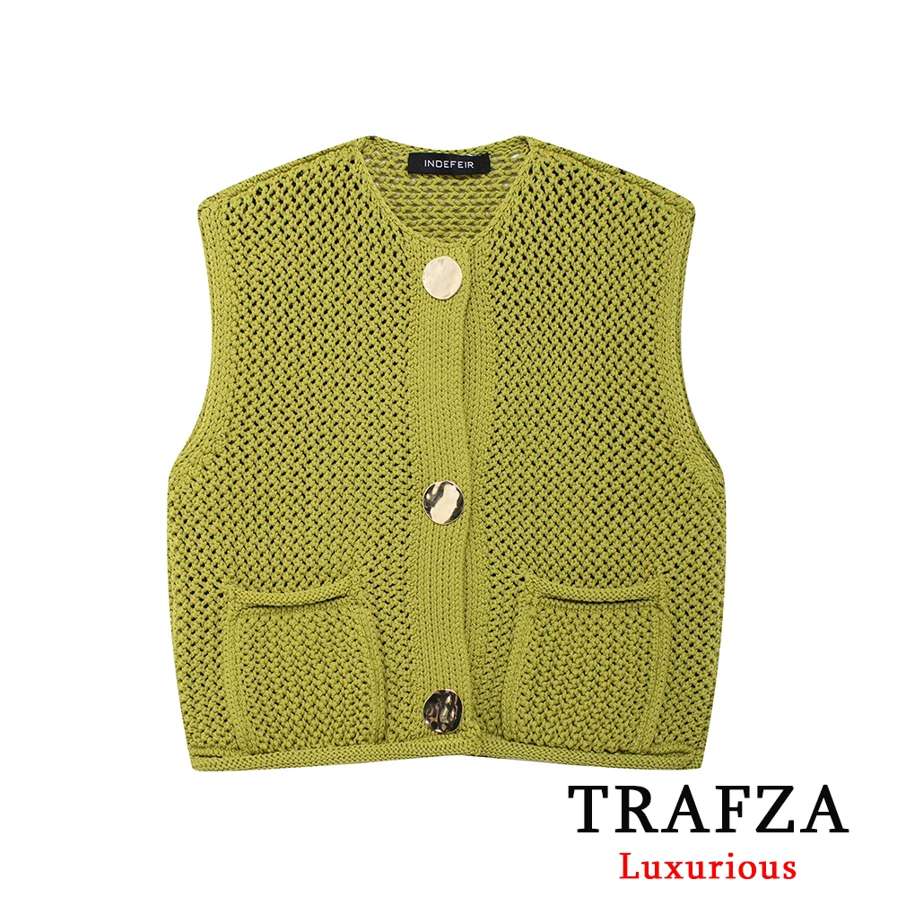 TRAFZA Solid Green Knitted Vest Sweaters Women O Neck Pockets Gold Buttons Casual Sleeveless Cardigans Fashion 2024 Chic Tops