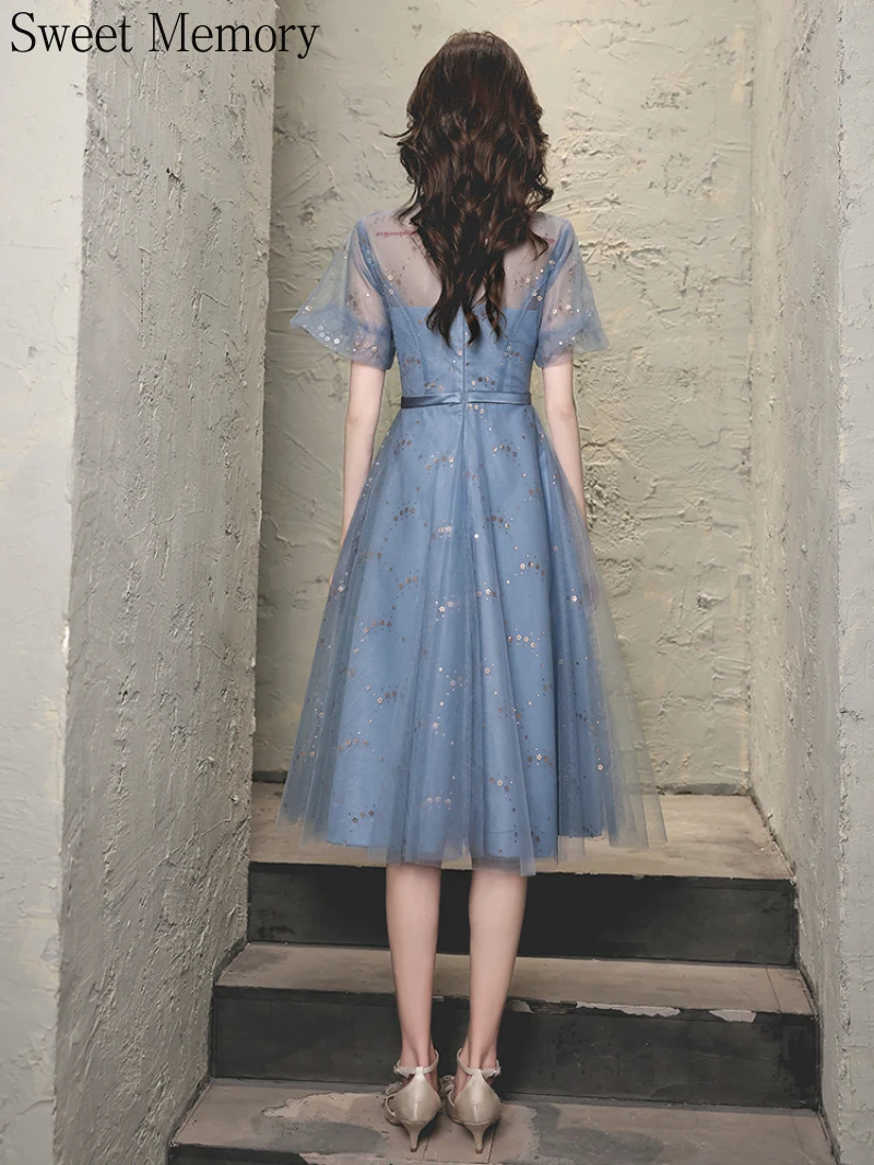 Gray Blue Tulle Prom Dresses Vintage Turn-Collar Illusion Lace Short Sleeve Graduation Gown Woman Girl Wedding Party Dress