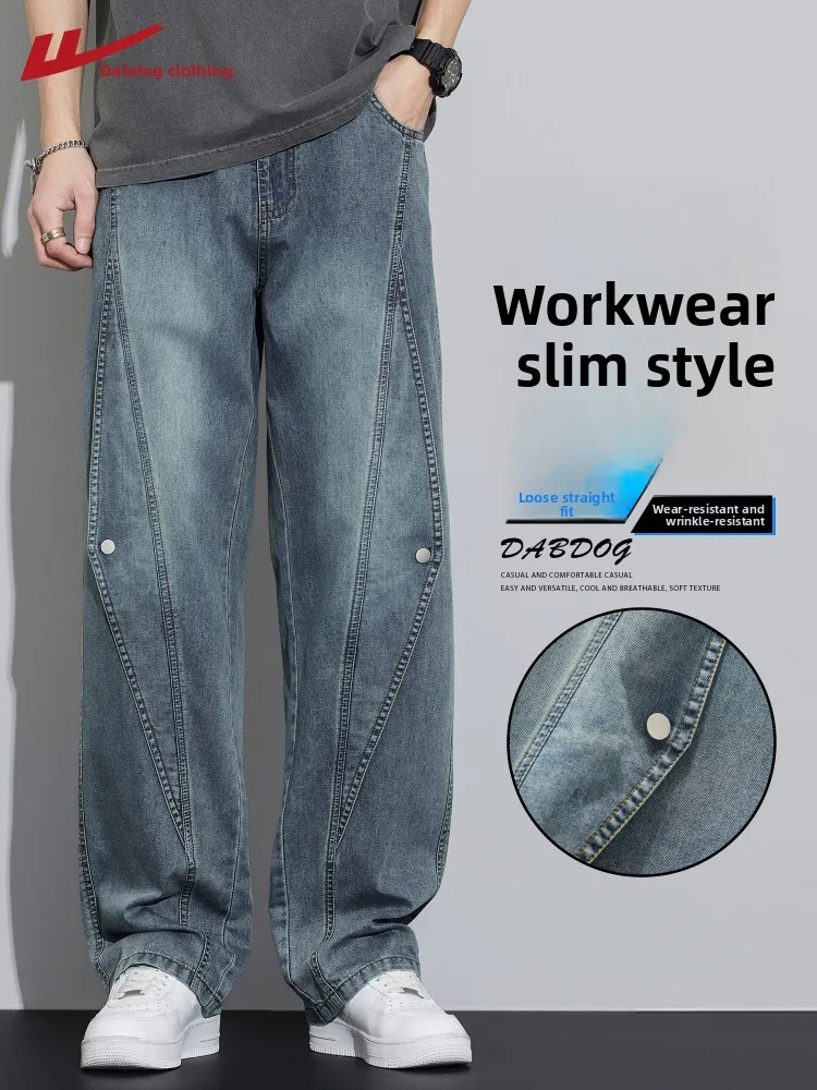 

Мужские летние тонкие джинсы Warrior Workwear с широкими штанинами, винтажные, свободного прямого кроя, из ледяного шелка, длинные брюки