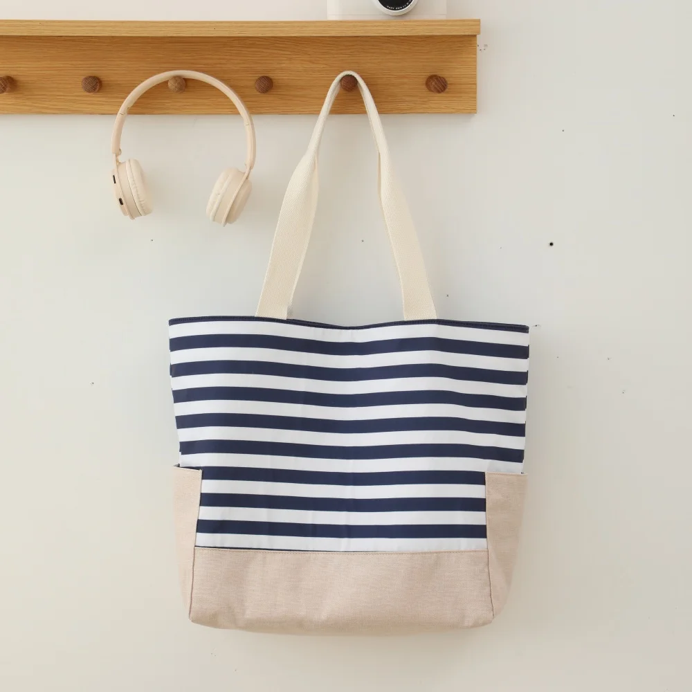 

Striped Tote Bag Summer Beach For Women Large Capacity Durable Canvas Wide Shoulder Strap And Side Pocket For Travel Work School
