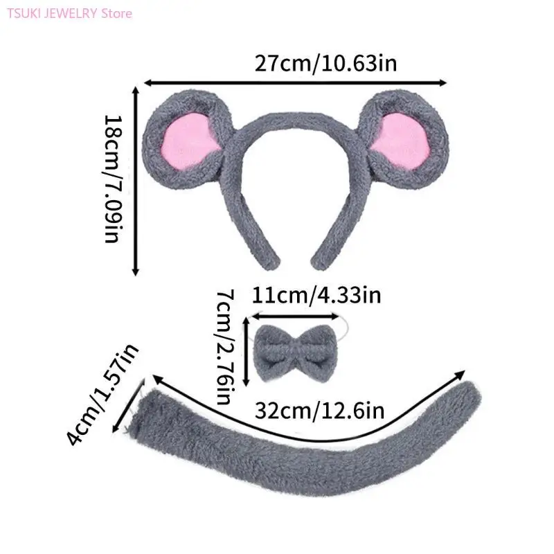 مجموعة إكسسوارات زي الفأر 62KE وأذني الفأر وعصابة رأس وربطة عنق دائرية ونظارات شمسية على شكل فأر حيوان للأطفال والكبار