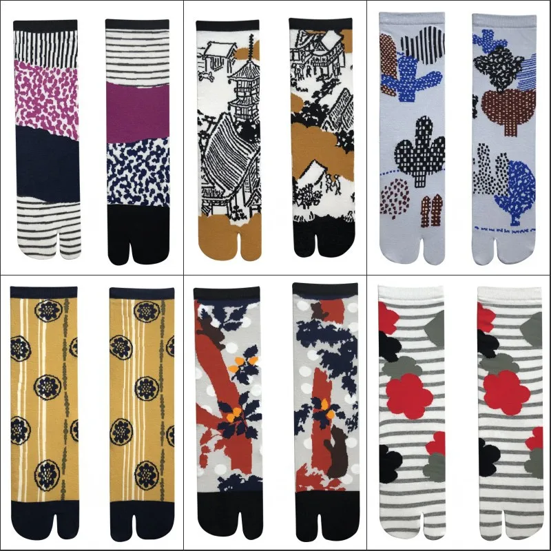 Japonais multicolore jacquard carotte châtaigne fleur littéraire mignon deux orteils chaussettes tube moyen tabi split toe chaussettes marée chaussettes