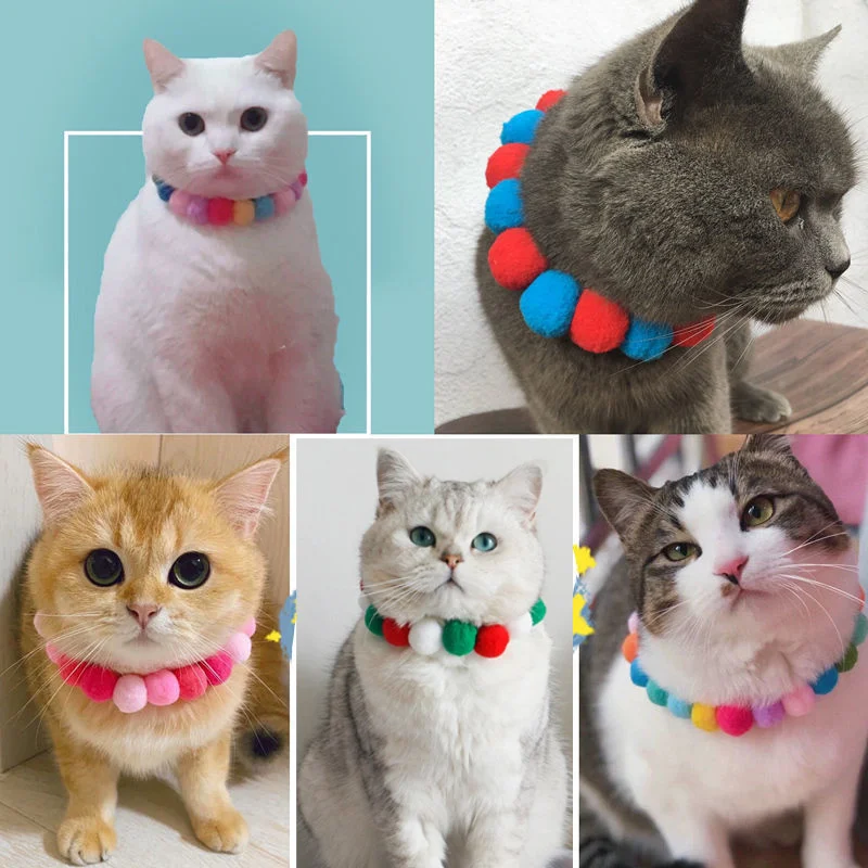 Christmas Cute Dog Cat Plush Ball Necklace Soft Elasticity Collar Pet Neck Accessories Pompom Ball Necklace Gift for Puppy Kitty