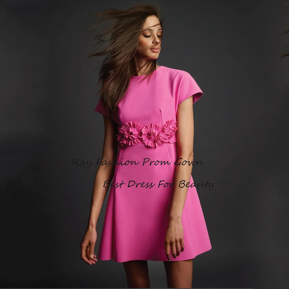 

Ray Fashion Short Mini Evening Dress Boat Neck With Short Cap Sleeves Handmade Flower For Women Formal Occasion Gown فساتين سهرة