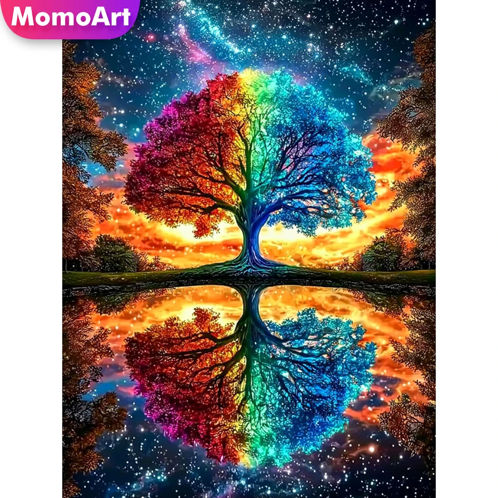 Momoart Diamant-Mosaik Baum Acryl-Bastelbedarf Diamantmalerei Landschaft Vollquadratische Strass-Stickerei Feiertagsgeschenke