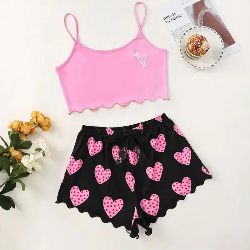 Heart Print Lettuce Women Pajama Set Sleeveless O Neck Crop Top & Lace-Up Shorts 2 Pieces Female Sleepwear Summer Nightwear