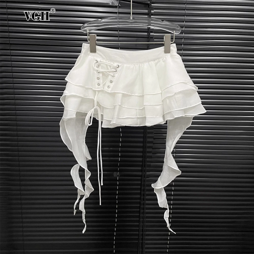 

VGH High Street Spliced Irregular Cake Skirts For Women Mid Waist Patchwork Lace Up Slim American Hot Girl Mini Skirt Female New