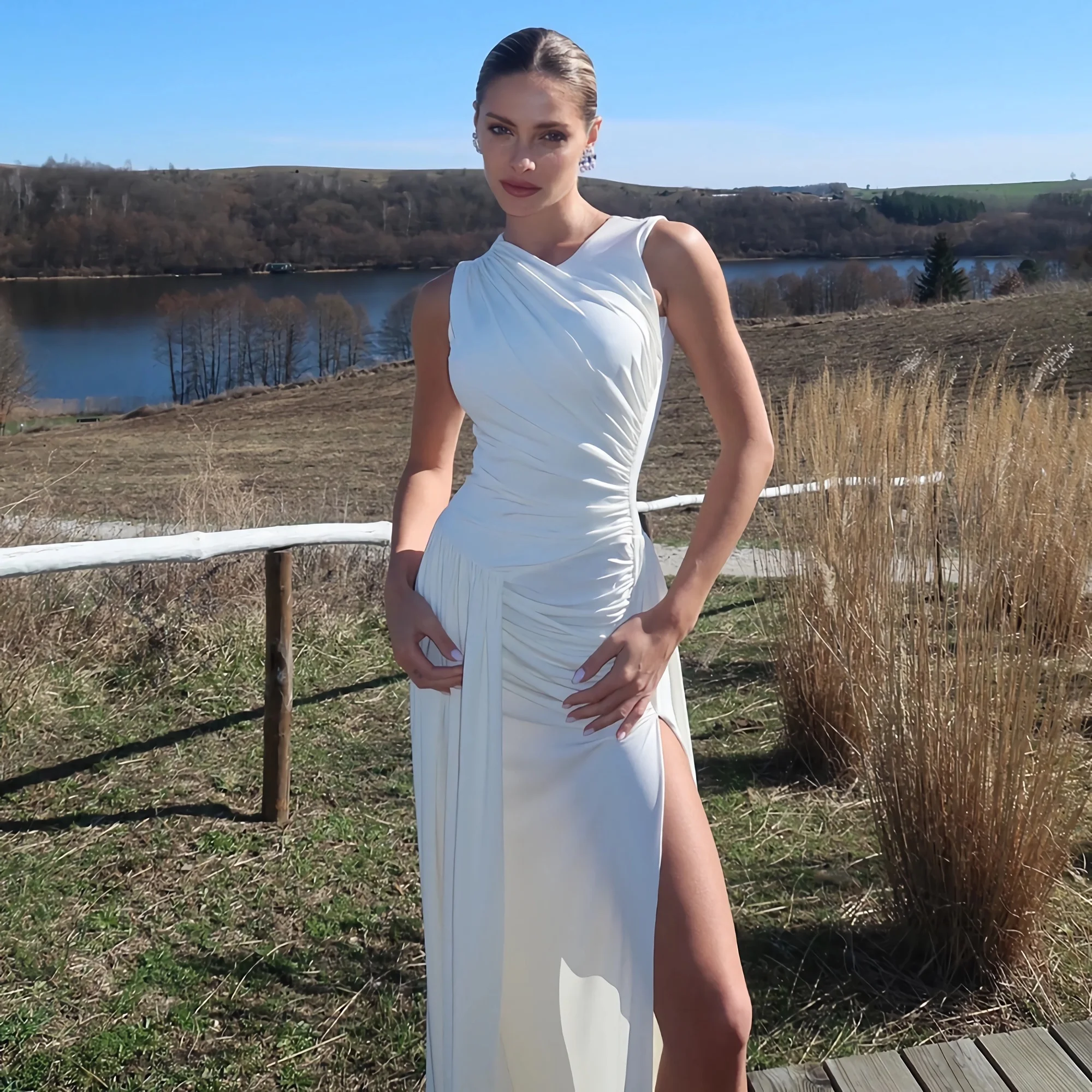 

Sexy Evening Dress Women Round Neck Sleeveless Bodycon Maxi Gown Irregular Hem High Slit Party Cocktail Dress