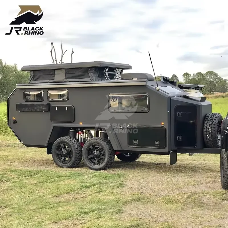 Offroad 11ft Tandem Air Suspension Hybrid Caravan for Australia 4 Berth 16ft 19ft Black Rhino Camping Pop Up Caravan for