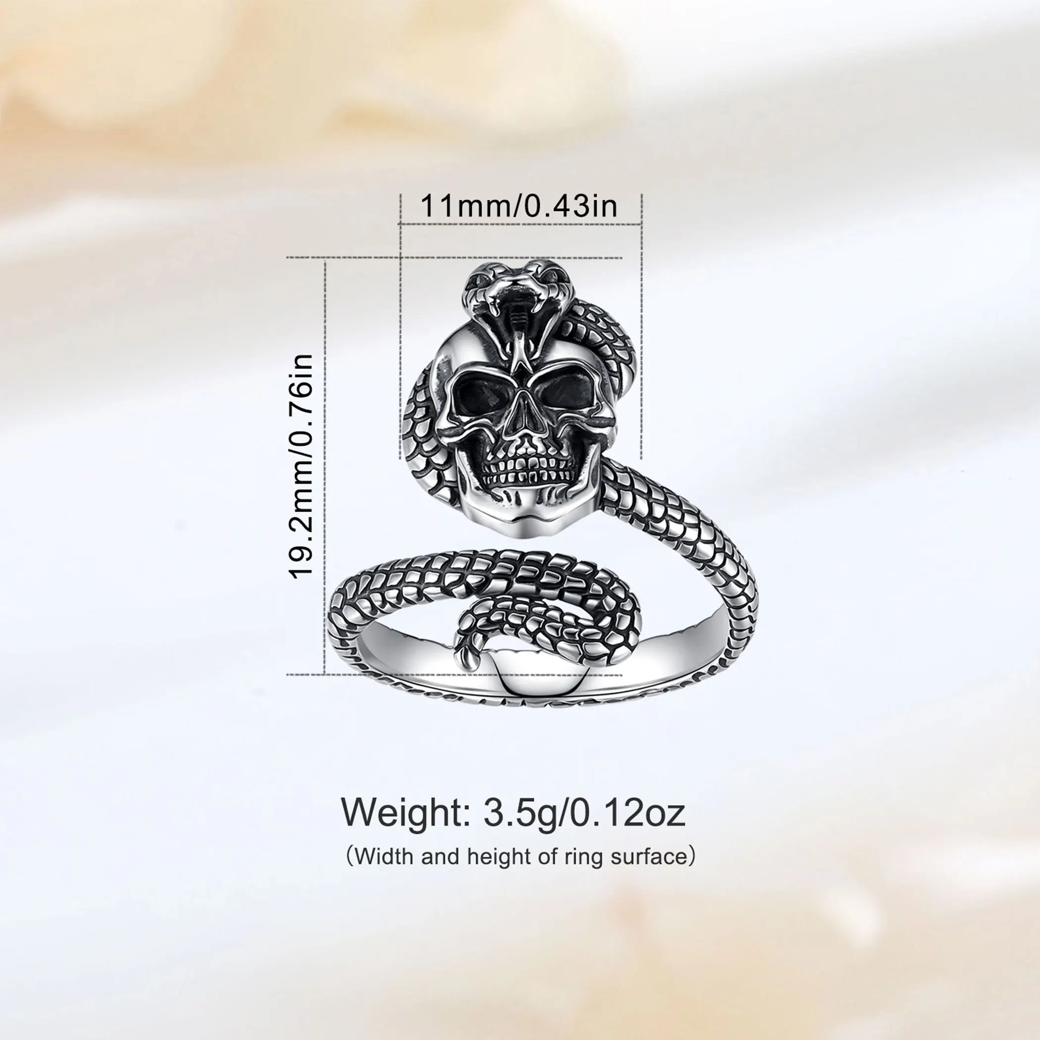 Eudora 925 Sterling Silver Snake Skull Adjustable Ring Gothic Cobra Ring Pagan Jewelry Personality Gift for Men Women