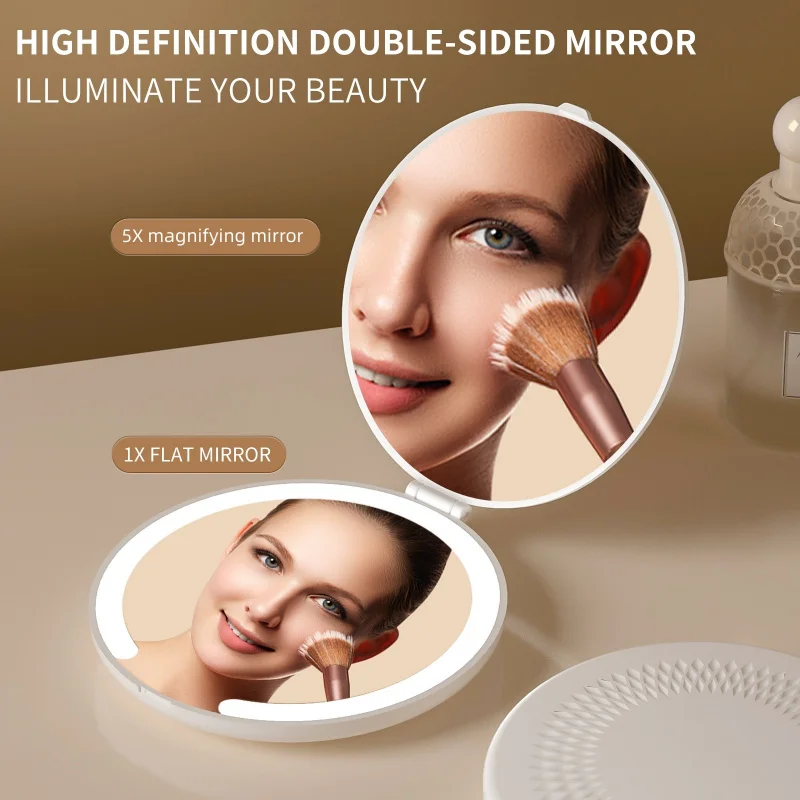 ledPortable Folding Flip Makeup Mirror, On-the-Go Touch-Up Mirror, Rechargeable Travel Mini Mirror
