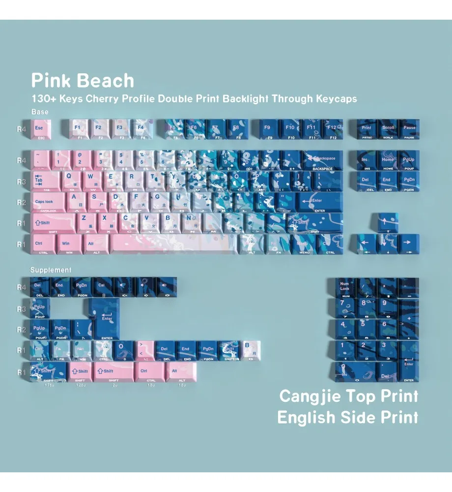 Keycap pink beach double engraved Pbt original full set of keycaps Korean Russian European small language side light