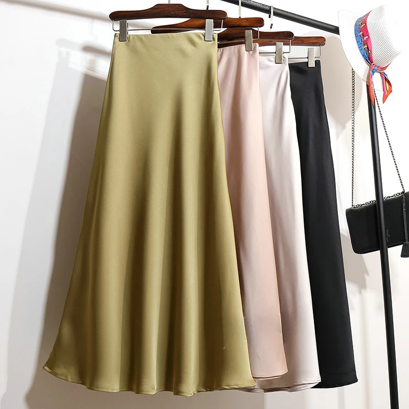 High Waisted A-line Skirt for Women Satin Silk Solid Elegant Skirts Office Lady Elastic Waist Women's Long Skirt  2024 Summer