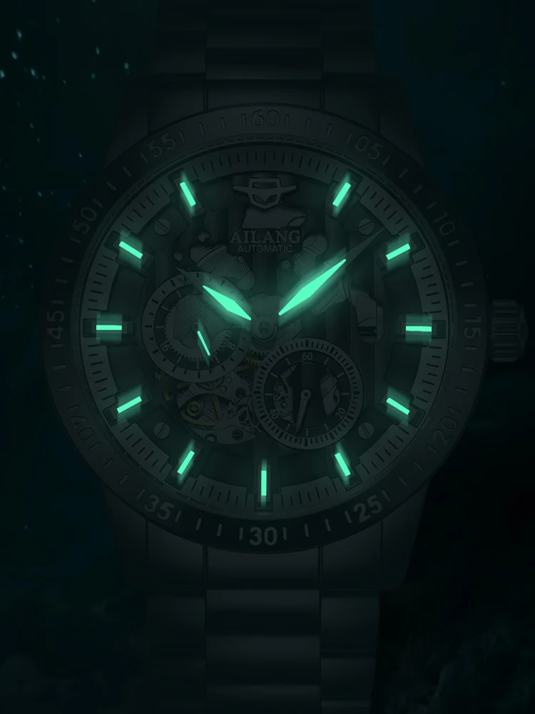 AiLang automatic mechanical watch back hollow out men high-end fashion multifunctional calendar glow-in-the-dark waterproof