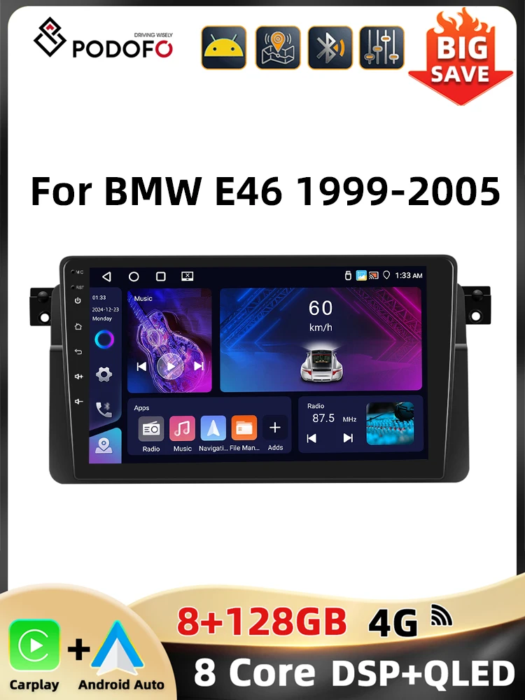 Podofo Carplay Android Auto Radio Voor Bmw E46 1999-2005 Multimedia Speler 8 128G 4G Wifi Ai Voice Spiegel Link Rds Autoradio - afbeelding 2