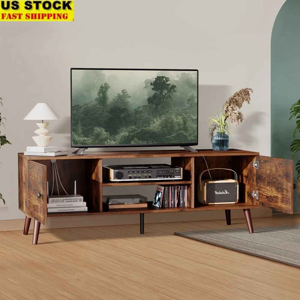 

Modern Mid Century TV Stand 60 Inch TVs Entertainment Center with Storage Cabinets Adjustable Shelves Easy Assembly Vintage
