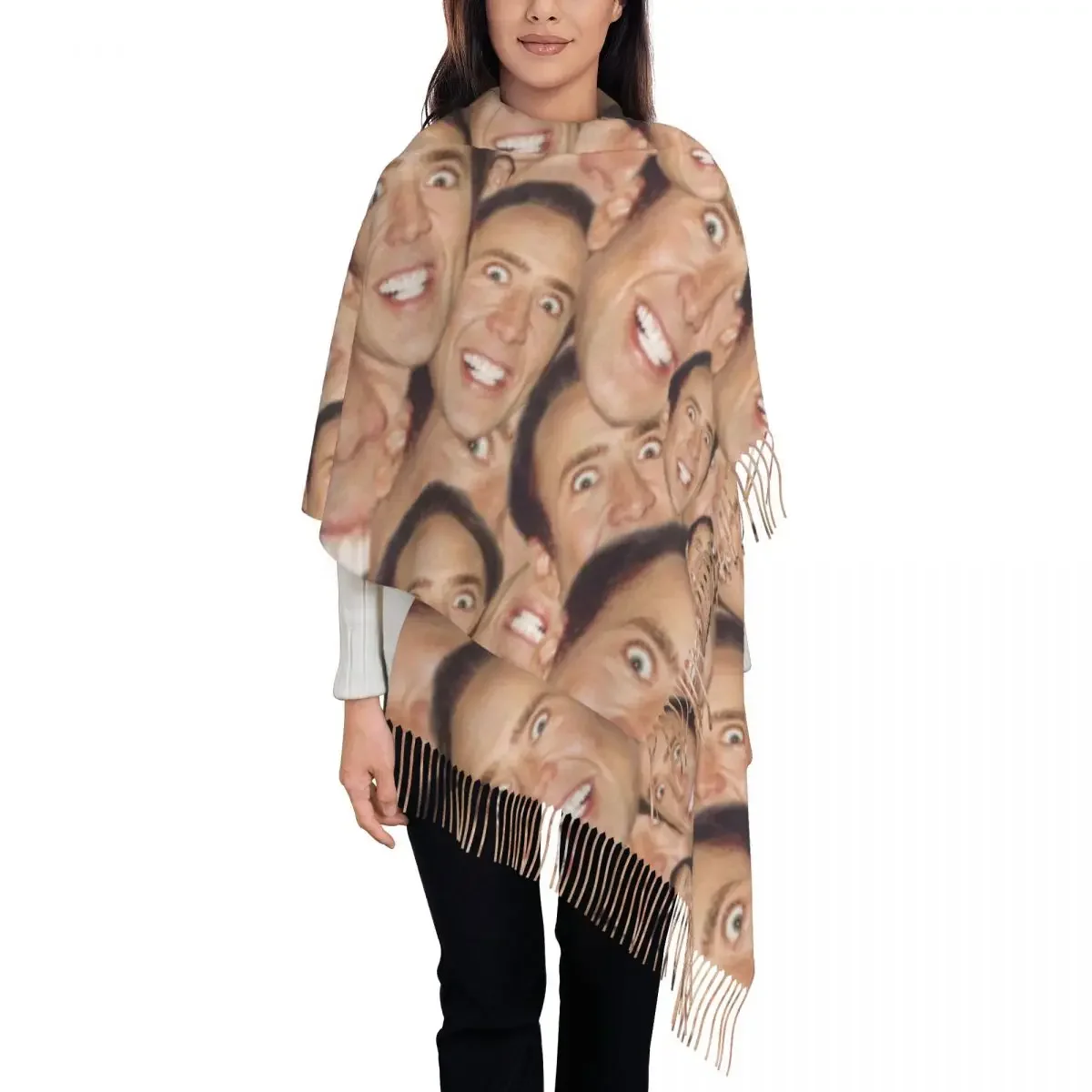 Nicolas Cage Face Collage Design Tassel Scarf Women Soft Funny Meme Shawl Wrap Ladies Winter Fall Scarves