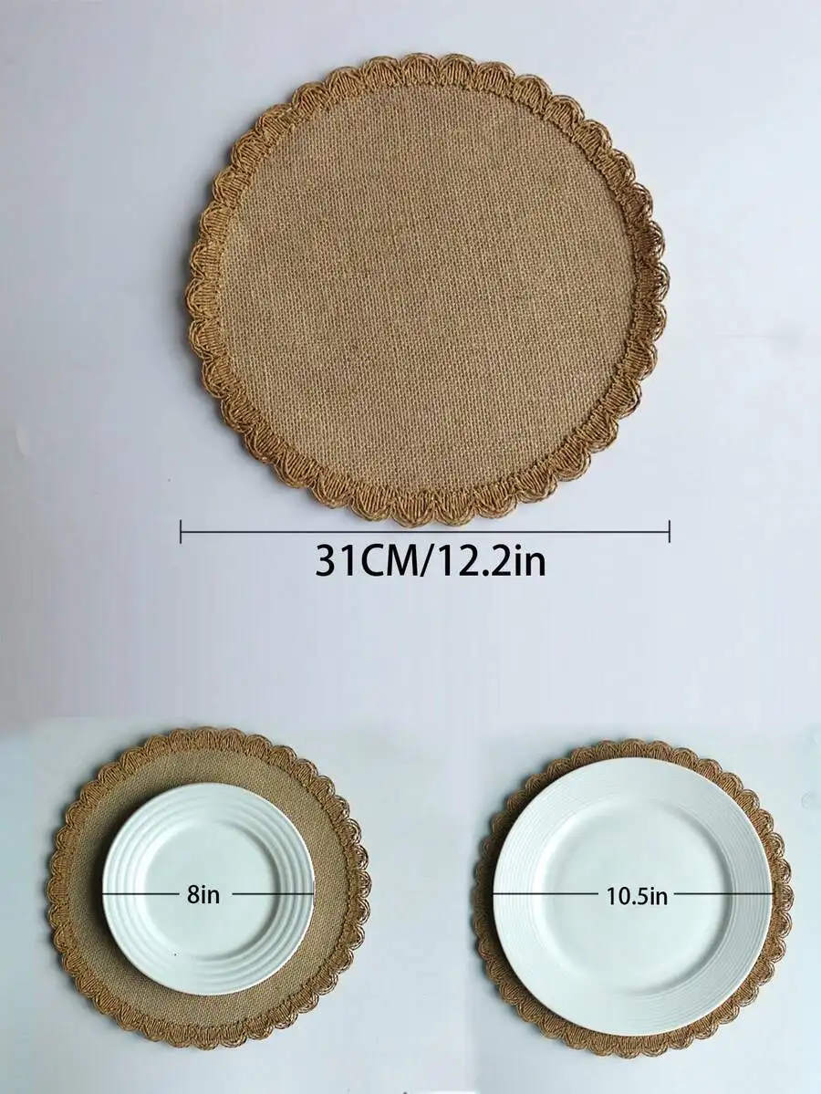 SGIAWETA-4pcs Round Linen & Burlap Placemats, Vintage Rustic Decor Round Tasseled Placemats, Pot Holders, Heat Resistant Kitchen & Dining Table Mats, Wedding Tablecloth, Home Decor, Suitable For Weddings, Parties, Family Gatherings-birthdaygift view 3