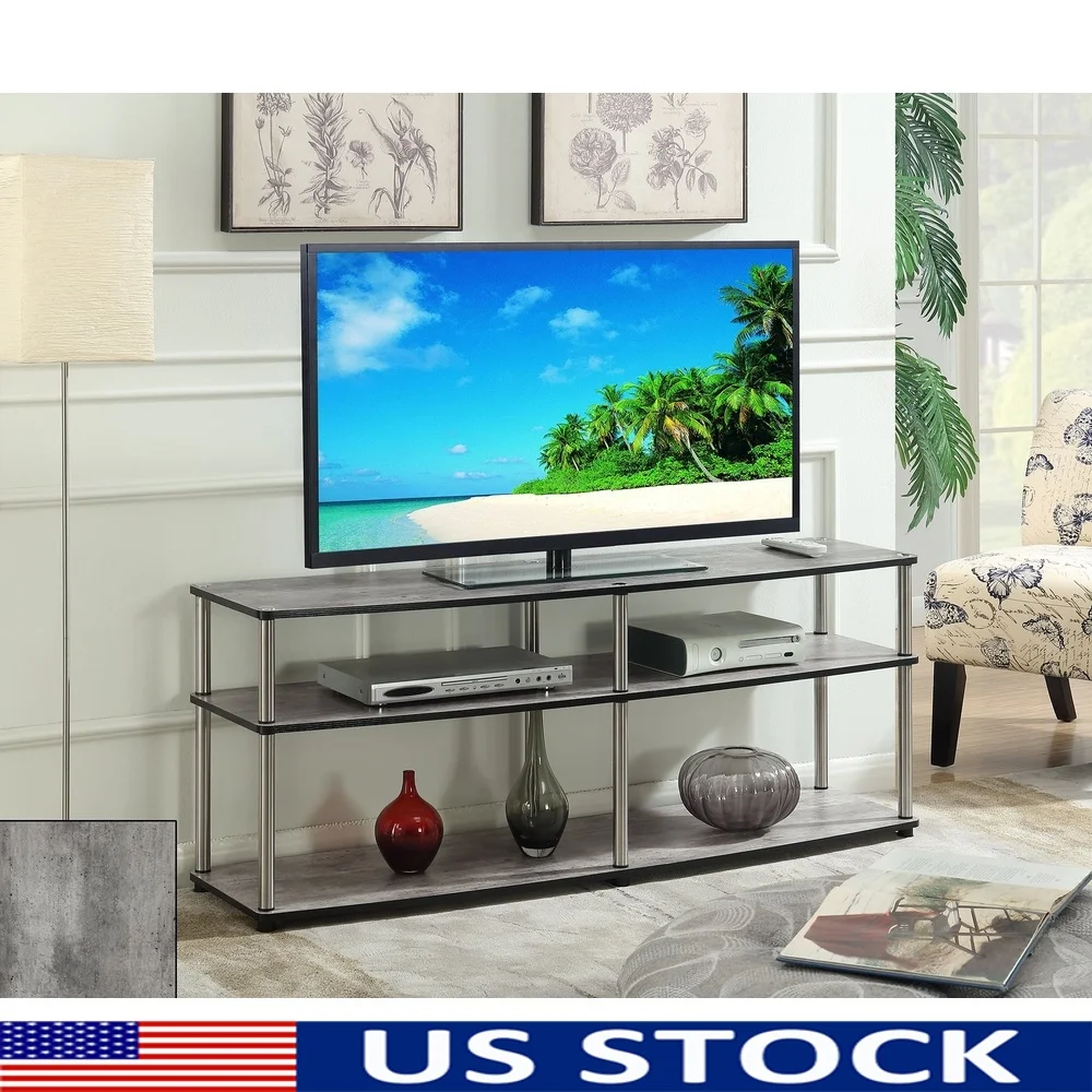 

3 Tier TV Stand No Tools Assembly Modern Entertainment Console Adjustable Shelving Faux Birch Sturdy Stainless Steel Legs Living