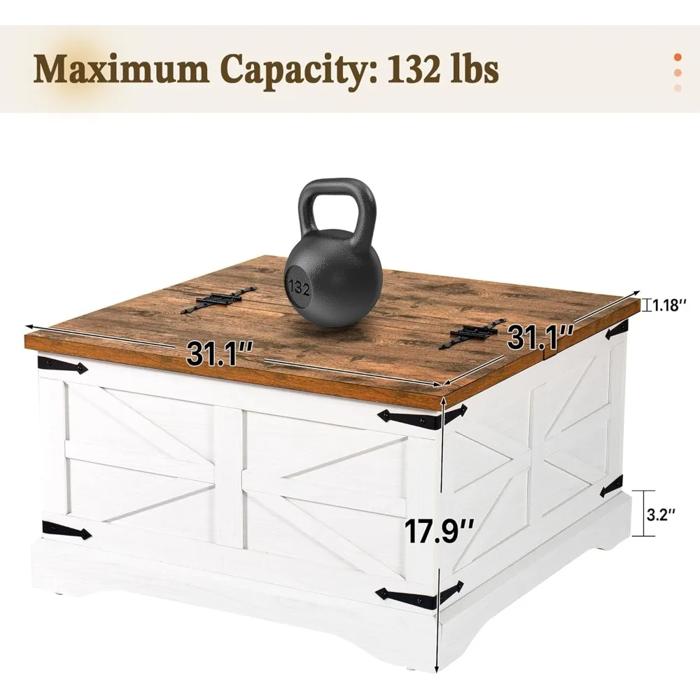 Farmhouse Coffee Table, Coffee Table with Hidden Storage Space, Wood Center Table with Two Hinged Lift Top, Square Rustic Table