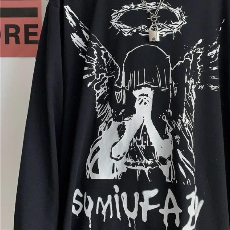 Herren T-Shirt für den Herbst, Langarm-Shirt mit Rundhalsausschnitt, Übergroßes Gothic Dark Academia Y2k T-Shirt, Herren-Oberteil – Detail 7