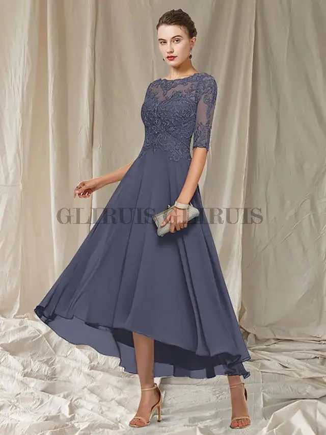 A-Line Mother of the Bride Dress Jewel Neck Asymmetrical Ankle Length Chiffon Lace Half Sleeve with Pleats Appliques