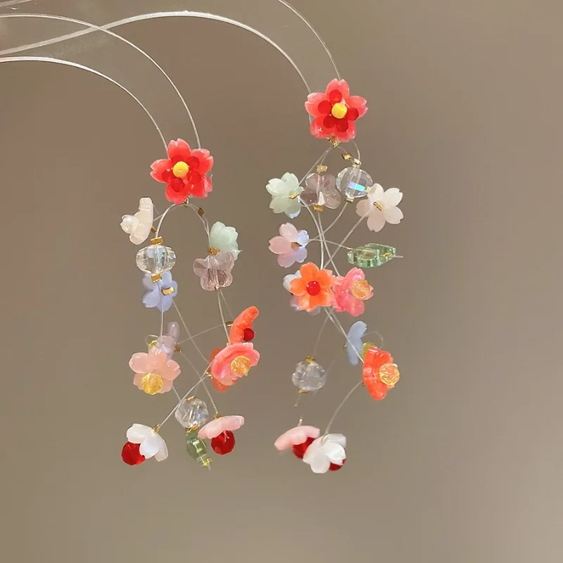 Minar Exaggerated Candy Color Resin Glass Beads Flower Long Tassel Drop Earrings for Women Femme Handmade Beach Holiday Jewelry