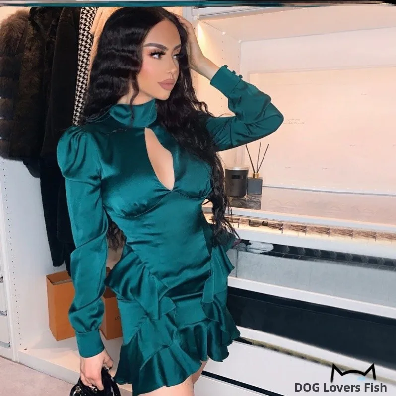 فستان مثير بأكمام طويلة وحاشية غير متماثلة وأكمام فقاعية من الساتان للنساء موضة الخريف وصل حديثًا فستان قصير أنيق للتنقل بلون... #4