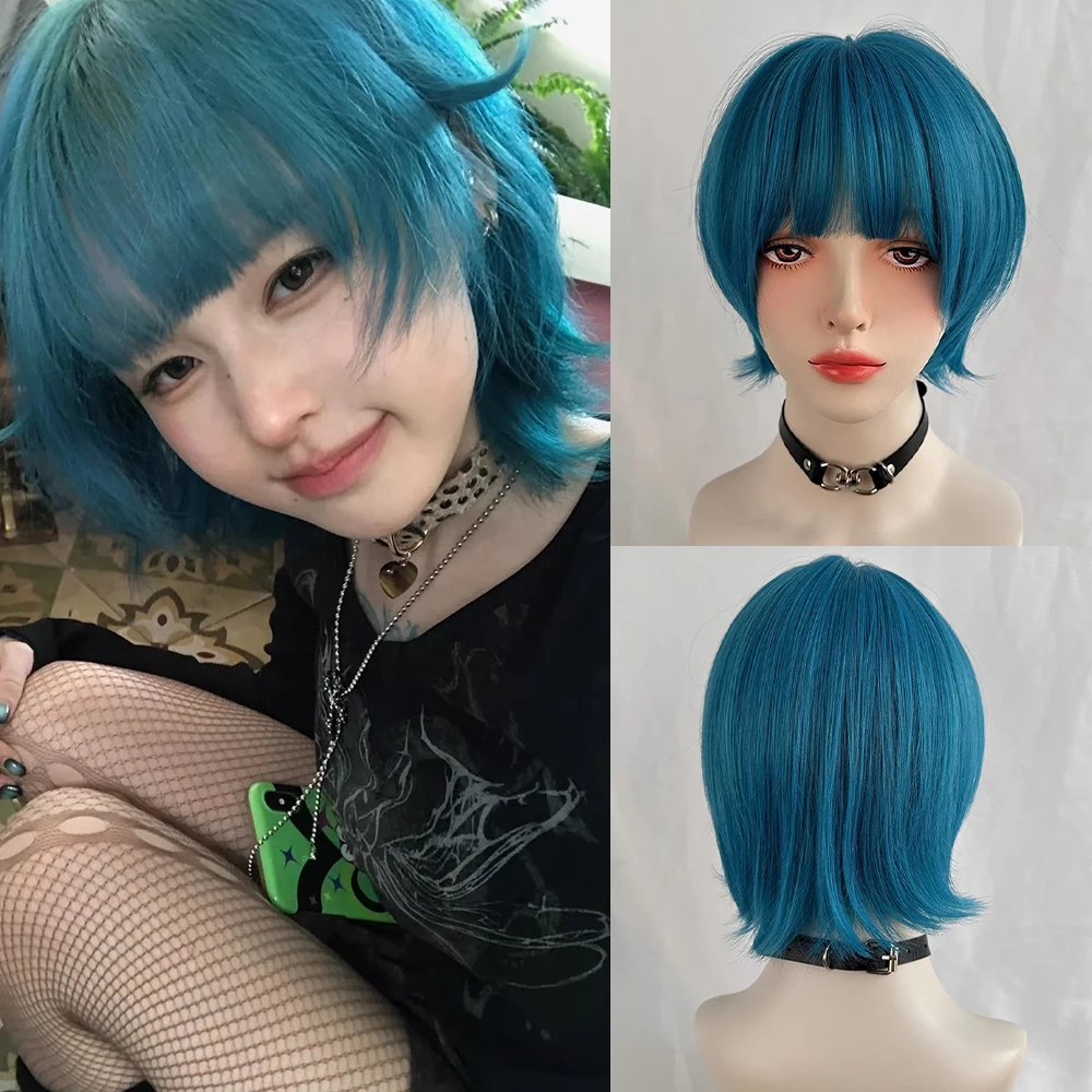 Short Blue Synthetic Straight Women Wig with Bangs Fluffy Lolita Cosplay Wig Heat Resistant for Daily Party