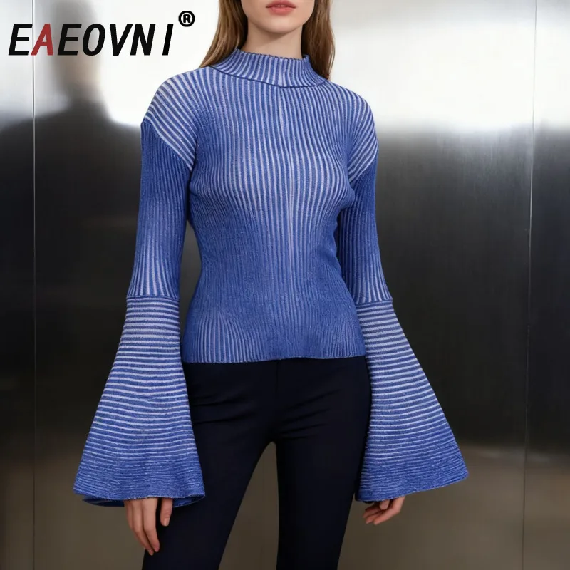 EAEOVNI Fashion Design maglione lavorato a maglia O collo manica svasata a righe streetwear camicetta top casual 2026 autunno inverno nuovi vestiti