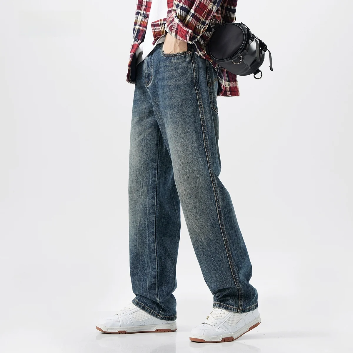 

Retro Waed Fce Lined Thiened American Sle Men's Casual Wide Leg Jeans Loose Straight Cut Long Trousers for Autumn Wi...