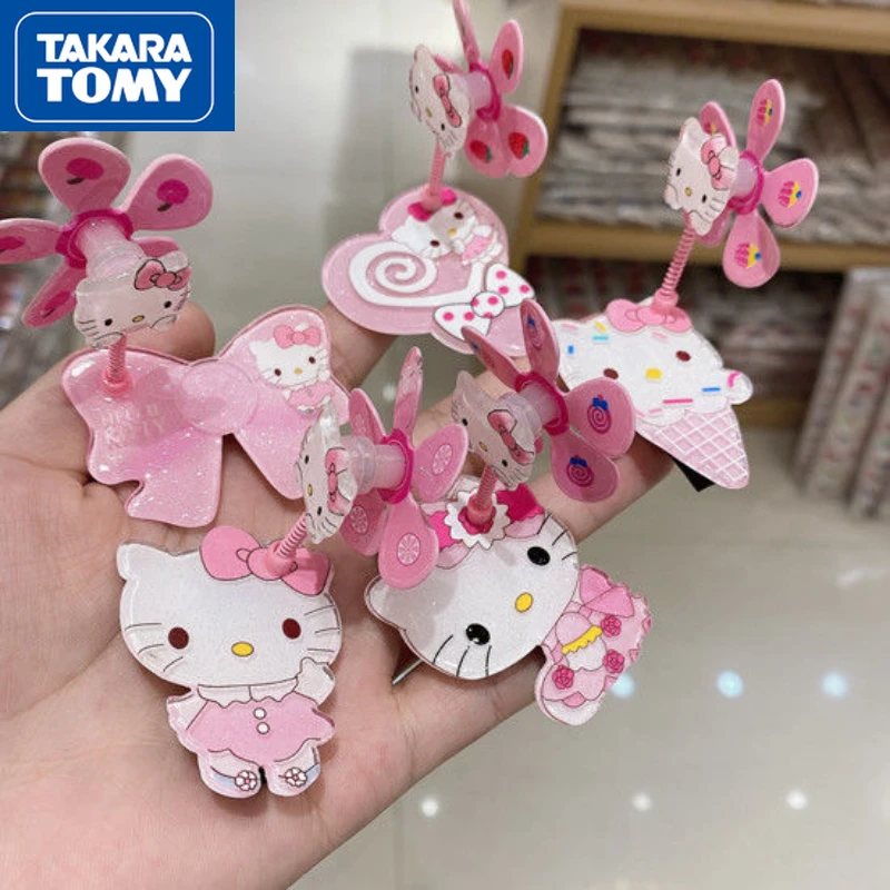 TAKARA TOMY Girly Pink Cute Hello Kitty Windmill Bangs Clip Children's Acrylic Rotating Fun Playful Sweet Swing Hairpin