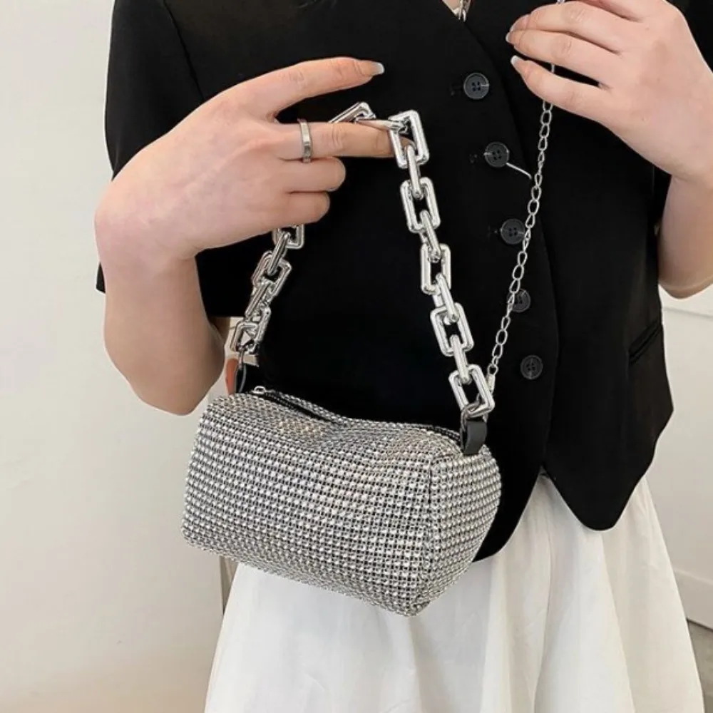 Bolso de mano con cadena de diamantes de imitación para mujer, bandolera pequeña cuadrada para teléfono móvil, 2023