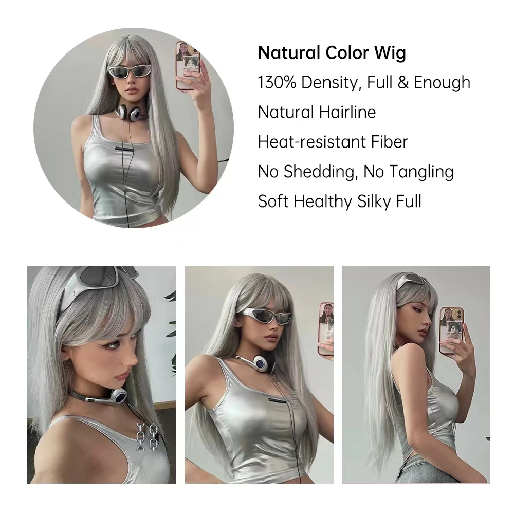 LOUIS FERRE Long Straight Synthetic Wigs for Women Silver Gray Natural Wigs With Bangs Cosplay Halloween Heat Resistant Fake Wig