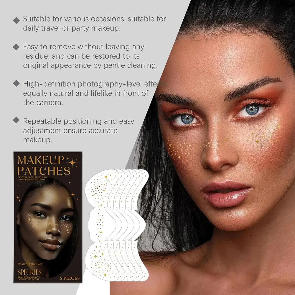 Tatuagem facial de sardas com glitter dourado, glitter e pontos temporários de sardas, adesivos corporais à prova d'água, festival de rosto mak k6p2