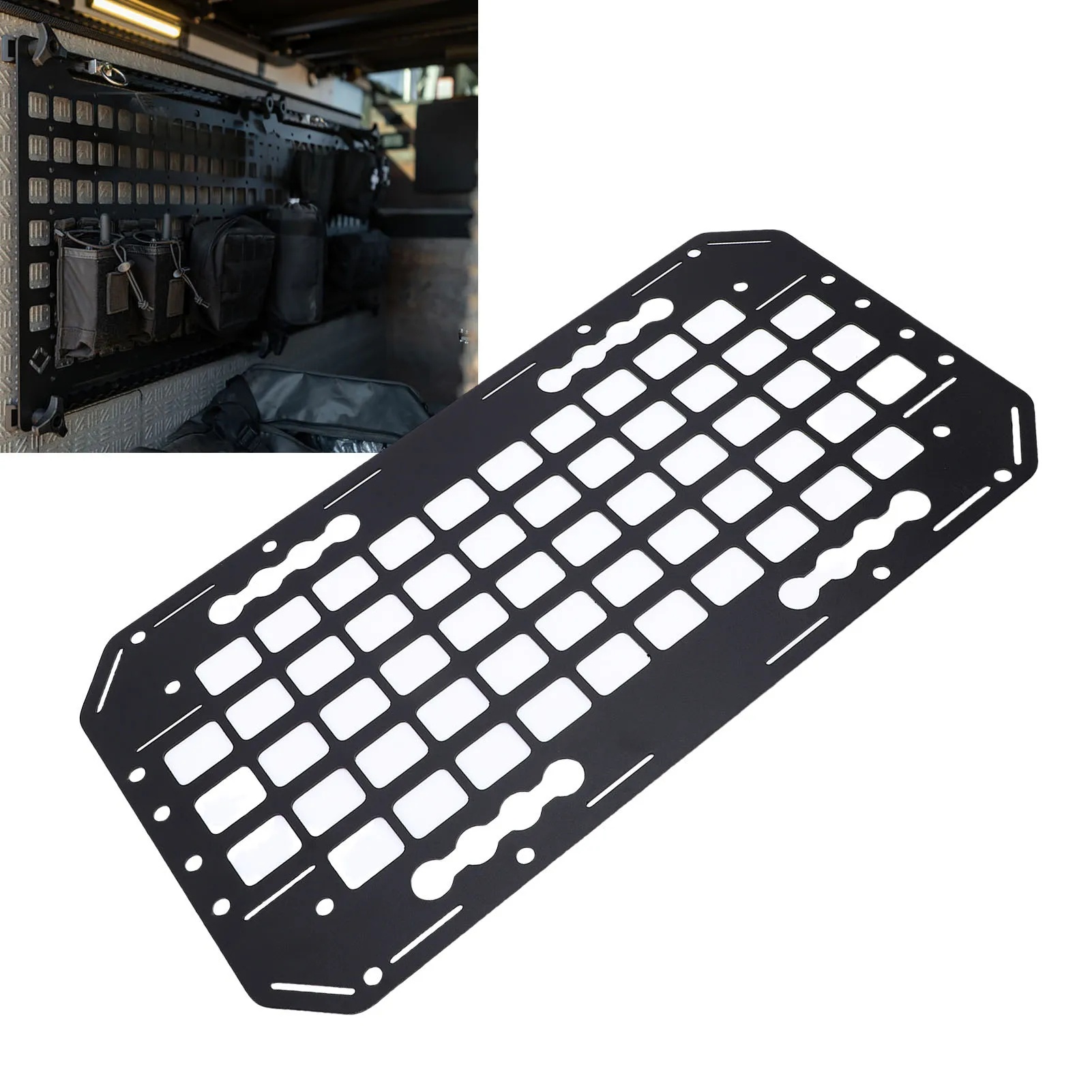 

Универсальная панель-органайзер MOLLE для автомобиля - алюминиевая панель 10,51x19,25 дюймов для хранения снаряжения, подходит для кузовов пикапов, внедорожников, седанов и прицепов