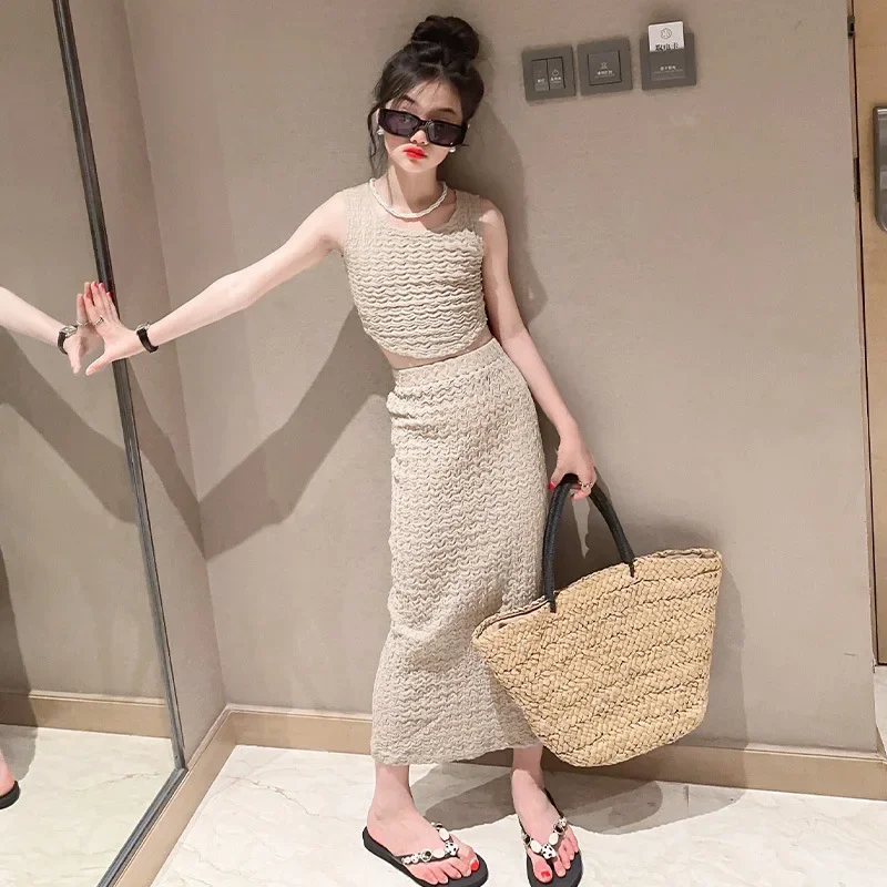 

Teens Kids Clothes 14 15 Years Girls Skirt Set Slimming Strap Vest High Waist Slit Skirt Two-piece Summer 2024 New Child Outfits