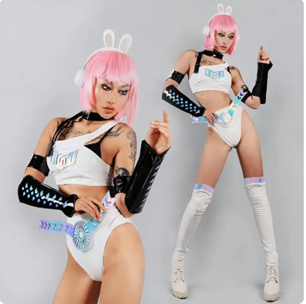 

Women Sexy Pole Dance Costume Nigthclub Rave Outfit Gogo Dance Clothing White Dj Ds Clubwear Jazz Stage Performance Wear