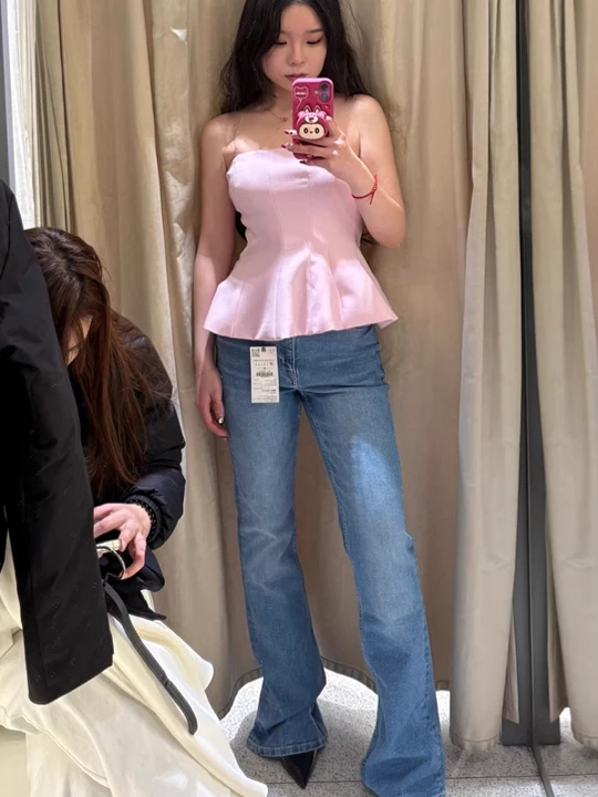 봄 여름 신상 슬림핏 원숄더 브라이드메이드 탑 러플 헴라인 지퍼 디자인 숏 스타일 단색