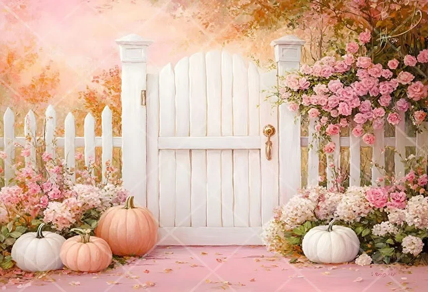 Mehofond Photography Background Autumn Fence Painterly Pumpkins Flowers Kids Birthday Family Portrait Decor Backdrop Photo Studi